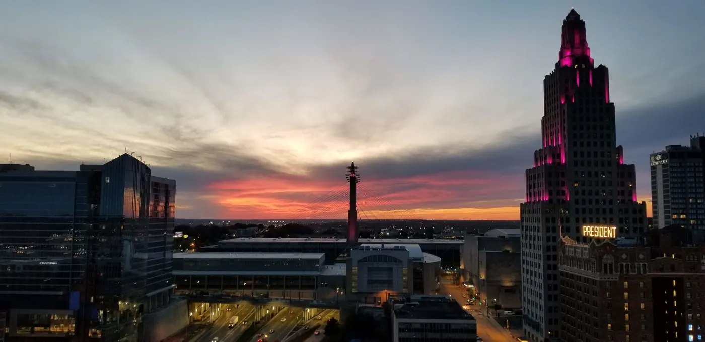 Downtown Kansas City at sunset, with the Kansas City Power & Light Building lit on the right