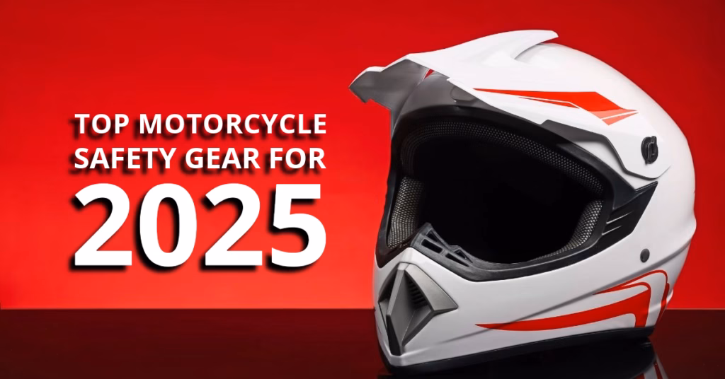 White motorcycle helmet with red accents on a red background, promoting top motorcycle safety gear for 2025
