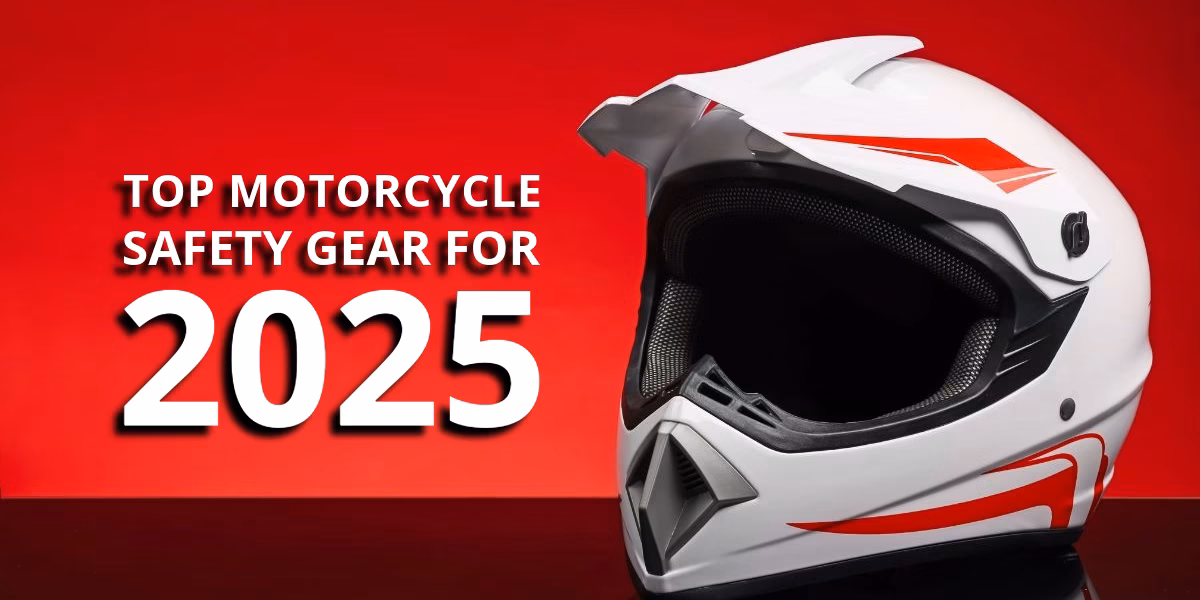 top-motorcycle-safety-gear-for-2025-Kansas-City-Accident-Attorneys White motorcycle helmet with red accents on a red background, promoting top motorcycle safety gear for 2025